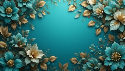 Fototapeta premium Teal and Gold Floral Frame: Elegant Botanical Artwork