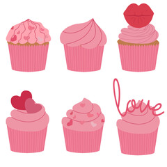 A set of pink cupcakes for Valentine's Day. Cupcakes with hearts.
