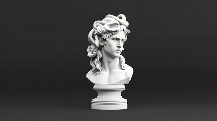 Medusa bust sculpture, classical art, dark background, 3D render, website design