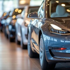 Close-up of modern electric vehicles in a car showroom. Concept for car dealerships, used cars, car sales and rentals, car deals.