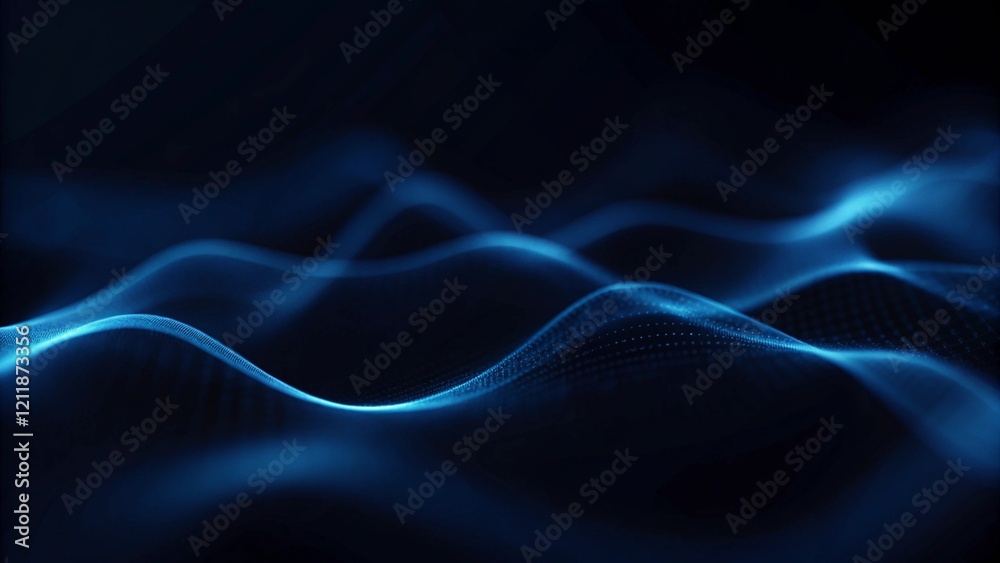 Fototapete Flowing dot particles wave line pattern blue and purple gradient light isolated on a dark black background. Abstract motion technology background design with glowing dots and digital waves.