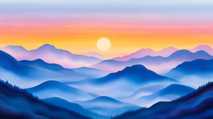 Obraz premium Misty mountain sunset landscape, serene nature scene, perfect for travel brochures or calming wall art