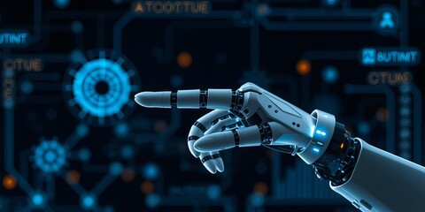 Robot hand with advanced technology pointing finger towards an AI interface, cyborg, artificial intelligence