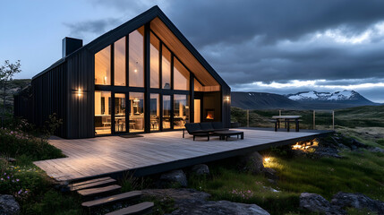 Fototapeta premium Modern cabin, mountain view, Iceland, evening. Relaxing vacation home rental