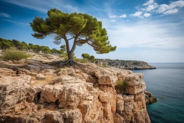 Lone pine tree growing on dramatic rocky cliffs overlooking a tranquil blue sea under a bright sky
