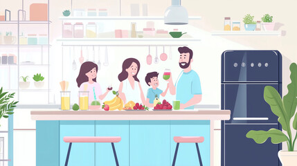 Happy Family Enjoying a Healthy Breakfast in a Bright Kitchen with Fresh Fruits, Smoothies, and a Cozy Atmosphere