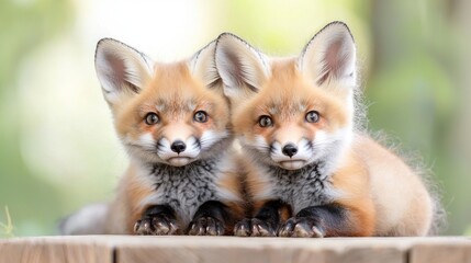 Two red fox kits sitting on wood, nature background, wildlife, adorable