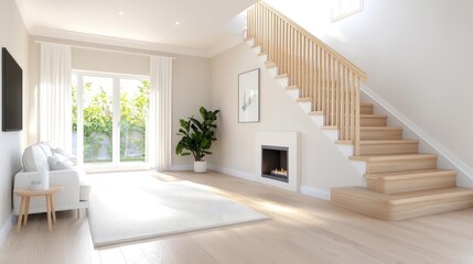Modern home interior, open-plan living, stairs, sunlight, garden view, home decor