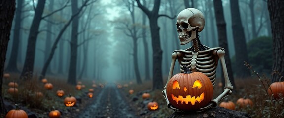Halloween Banner with Skeleton and Glowing Pumpkins in Foggy Forest.Spooky forest. Seasonal decorations. Mystery. Halloween. Frightening Ambience