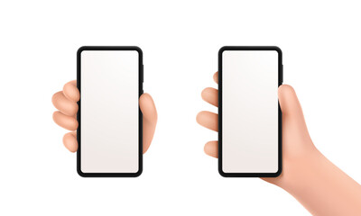 3d hands holding smartphone with blank screen isolated on white background. Hand with mobile phone for web banner, marketing, presentation, social media. Mockup mobile concept. Vector illustration