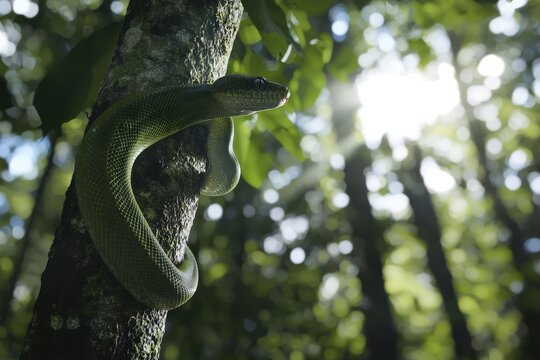 A green tree python coiled around a branch in a lush tropical rainforest, scales shimmering in the dappled sunlight