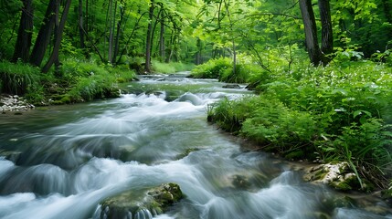 A serene river flowing through a forest, representing peace and the journey of life.