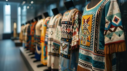 A vibrant display of traditional apparel featuring intricate beadwork and patterns, showcasing cultural craftsmanship in a modern museum setting.