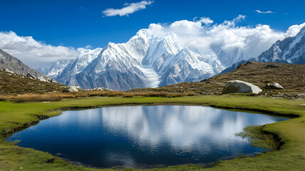 Fototapeta premium Mountain lake reflecting snow-capped peaks under a vibrant blue sky. Perfect for travel and nature publications