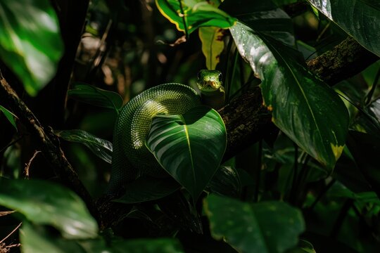 A green tree python coiled around a branch in a lush tropical rainforest, scales shimmering in the dappled sunlight