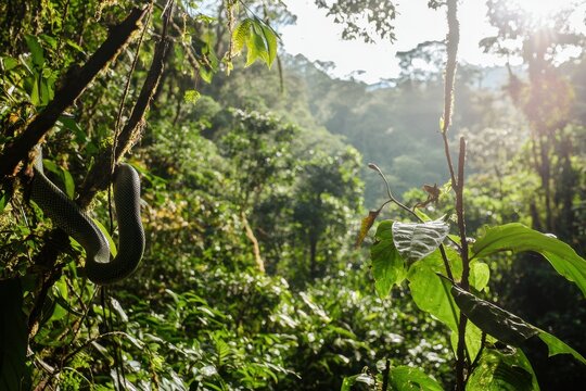 A green tree python coiled around a branch in a lush tropical rainforest, scales shimmering in the dappled sunlight