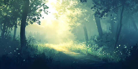 Dreamy Misty Forest Path with Soft Sunlight