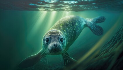 Naklejka premium animals under water, among bioluminescent plants