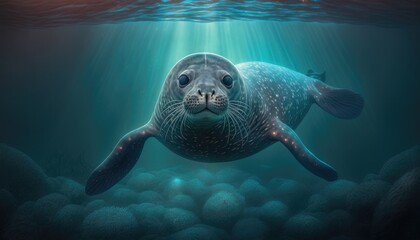 animals under water, among bioluminescent plants