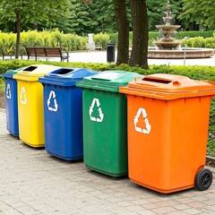 Color-coded recycling bins in a public space with room for text. Perfect for eco-campaigns, websites, or educational content promoting sustainability.