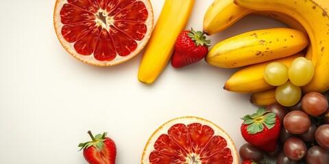 Assortment of colorful fruits creating a rainbow frame on light table with copy space in the middle, healthy, top view