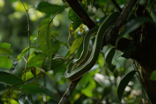 A green tree python coiled around a branch in a lush tropical rainforest, scales shimmering in the dappled sunlight