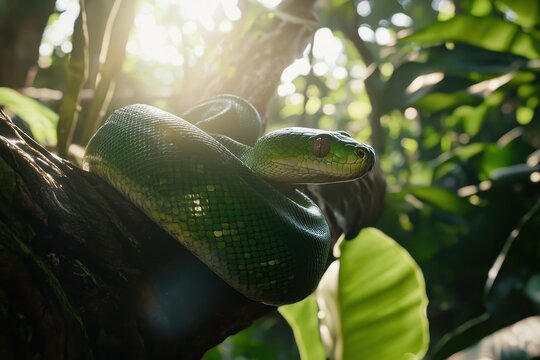 A green tree python coiled around a branch in a lush tropical rainforest, scales shimmering in the dappled sunlight