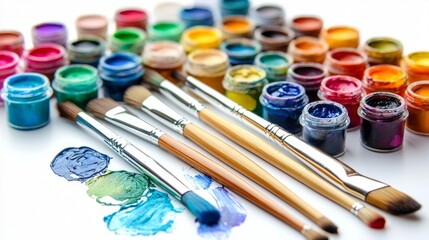 Inside a lively creative workspace, artists passionately engage in their craft. Colorful paints and brushes lay scattered on tables, showcasing the dynamic energy of collaboration