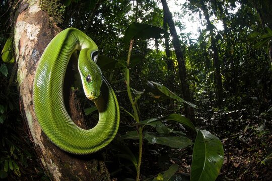 A green tree python coiled around a branch in a lush tropical rainforest, scales shimmering in the dappled sunlight