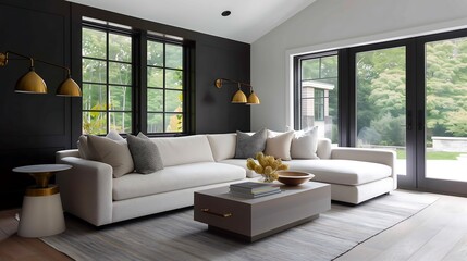 Contemporary living room with chocolate brown walls, a cream sofa, and brass-accented lighting fixtures.