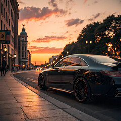 Sleek Modern Car on City Street at Sunset