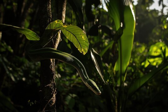 A green tree python coiled around a branch in a lush tropical rainforest, scales shimmering in the dappled sunlight