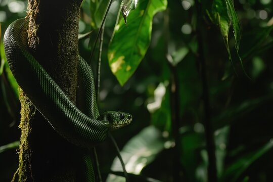 A green tree python coiled around a branch in a lush tropical rainforest, scales shimmering in the dappled sunlight