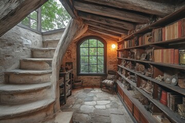 Stone staircase, bookshelves, rustic room, natural light.