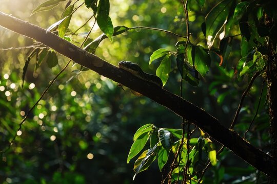 A green tree python coiled around a branch in a lush tropical rainforest, scales shimmering in the dappled sunlight
