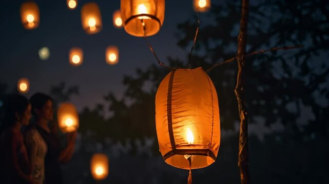Floating lanterns illuminating night sky during yi peng festival