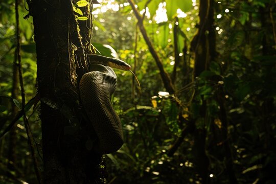 A green tree python coiled around a branch in a lush tropical rainforest, scales shimmering in the dappled sunlight