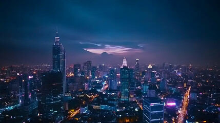 Obraz premium Night cityscape, vibrant skyline, illuminated streets, distant mountains, urban development, travel brochure