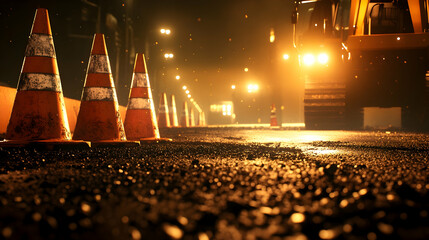 Night road construction; asphalt paving; traffic cones; city street lights background; for infrastructure projects
