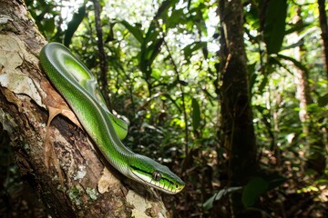 Obraz premium A green tree python coiled around a branch in a lush tropical rainforest, scales shimmering in the dappled sunlight