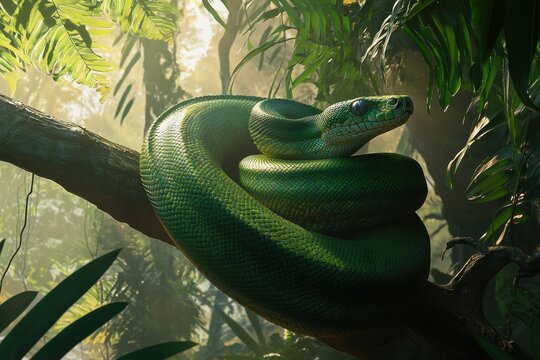 A green tree python coiled around a branch in a lush tropical rainforest, scales shimmering in the dappled sunlight