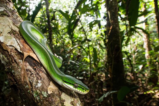 A green tree python coiled around a branch in a lush tropical rainforest, scales shimmering in the dappled sunlight