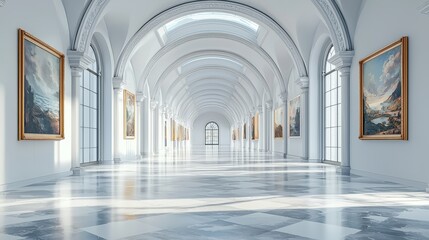 Fototapeta premium Stunning gallery interior showcasing classical paintings with elegant arches and natural light flooding the space