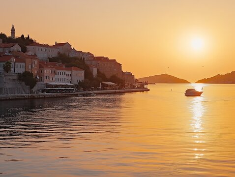 Sunset over coastal town, Adriatic Sea, boat at harbor, golden hour, travel