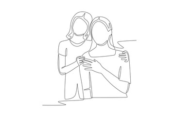 Mom and daughter concept one-line drawing