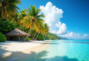 Tropical beach with palm trees and thatched structure