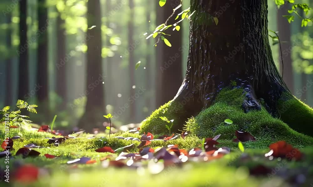 Wall mural serene forest scene with sunlight filtering through green leaves and illuminating moss-covered tree 