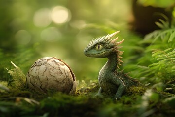Fototapeta premium A young dragon hatching from its egg in a lush green forest