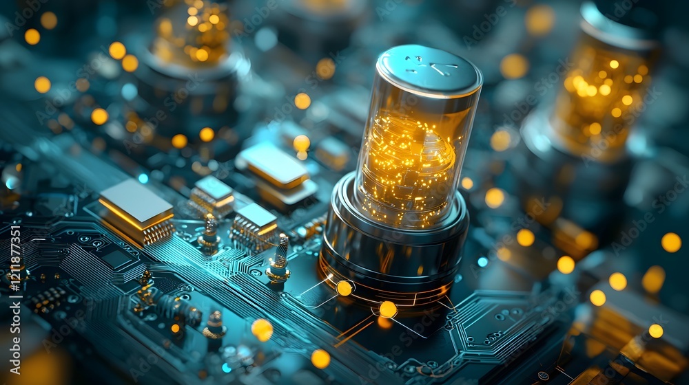 Poster futuristic fintech platform powered by quantum computing visualizing blockchain and cryptocurrency t