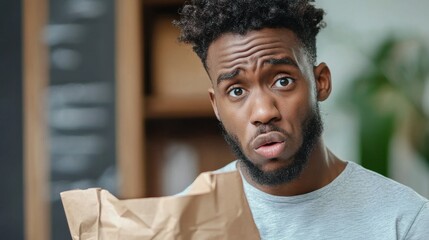 A surprised man holds a brown paper bag, expressing confusion or shock in a casual indoor setting.